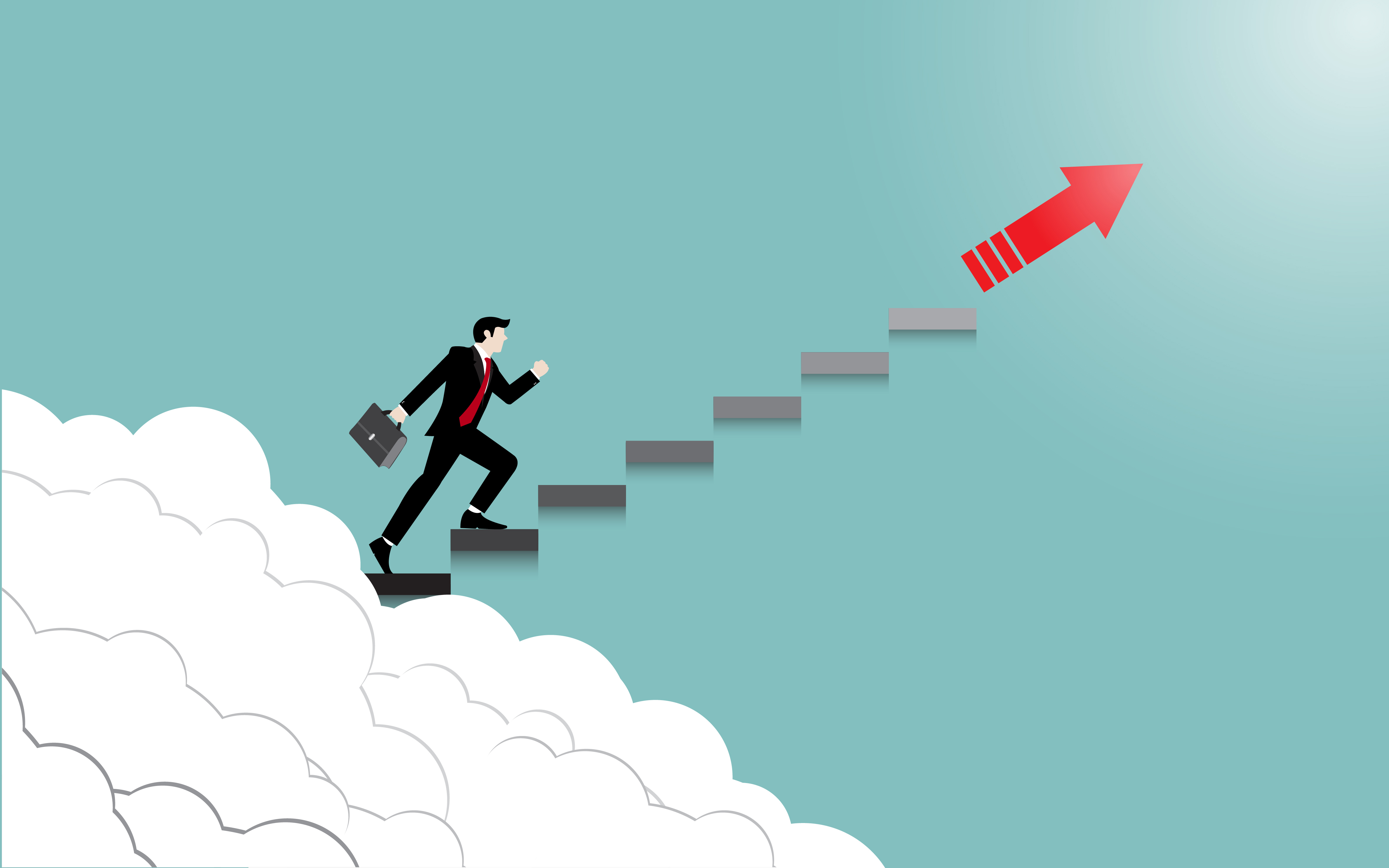 Business man on stair steps leading to success.