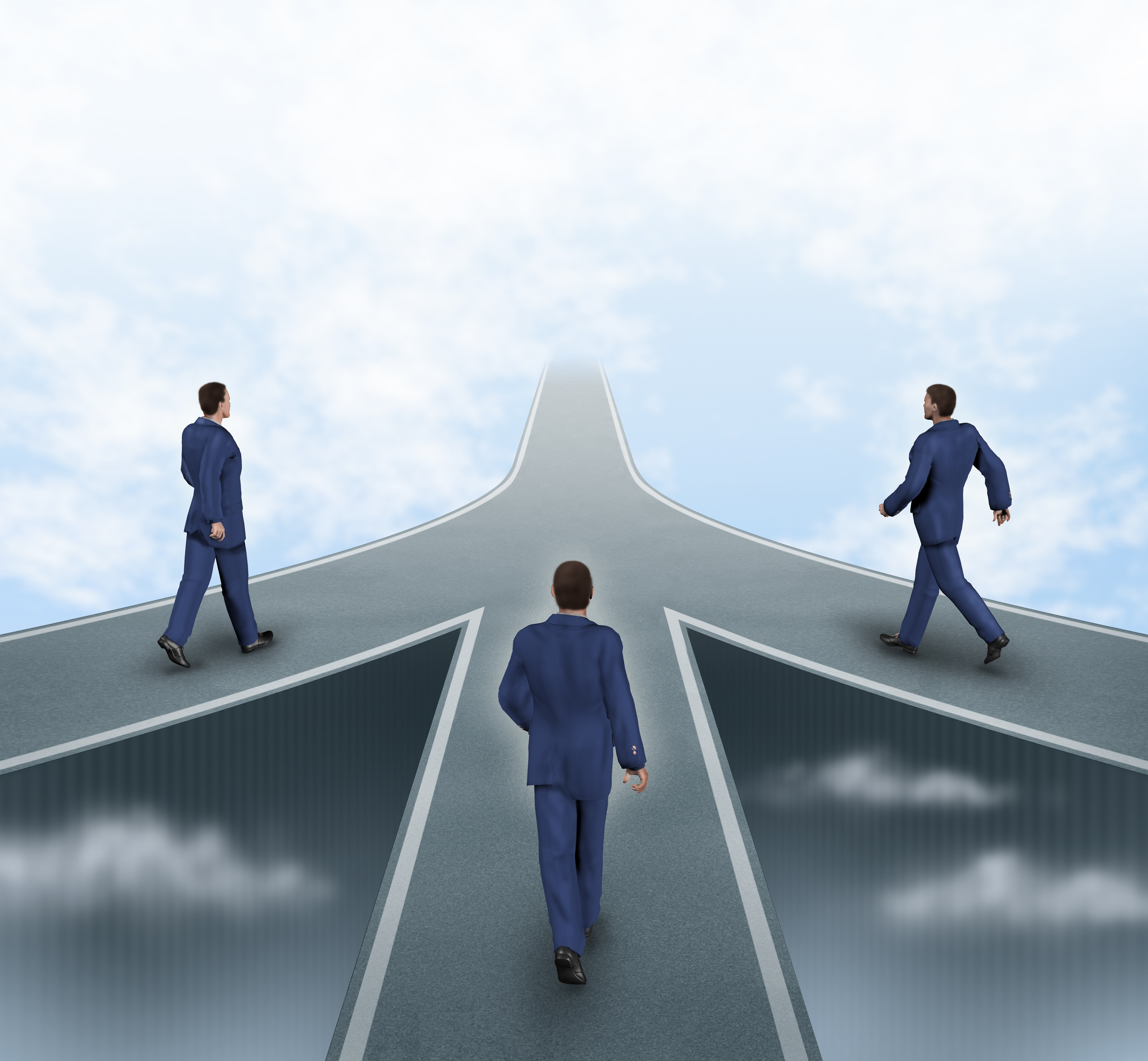 Three business men walking on different roads to the same goal as a team working together.