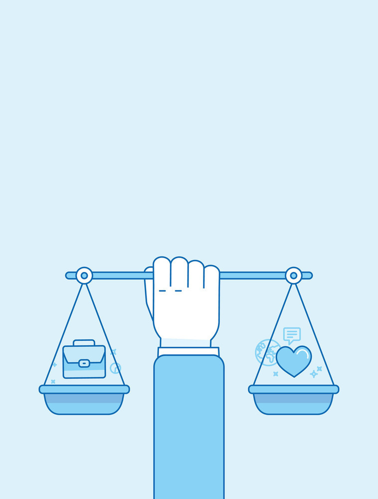 a hand holding balanced scales with a heart on one side and a briefcase on the other