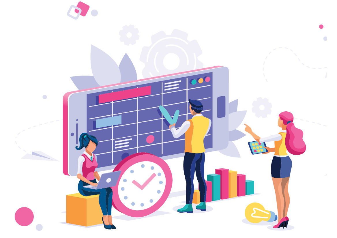 people arranging a schedule on a larger-than-life phone