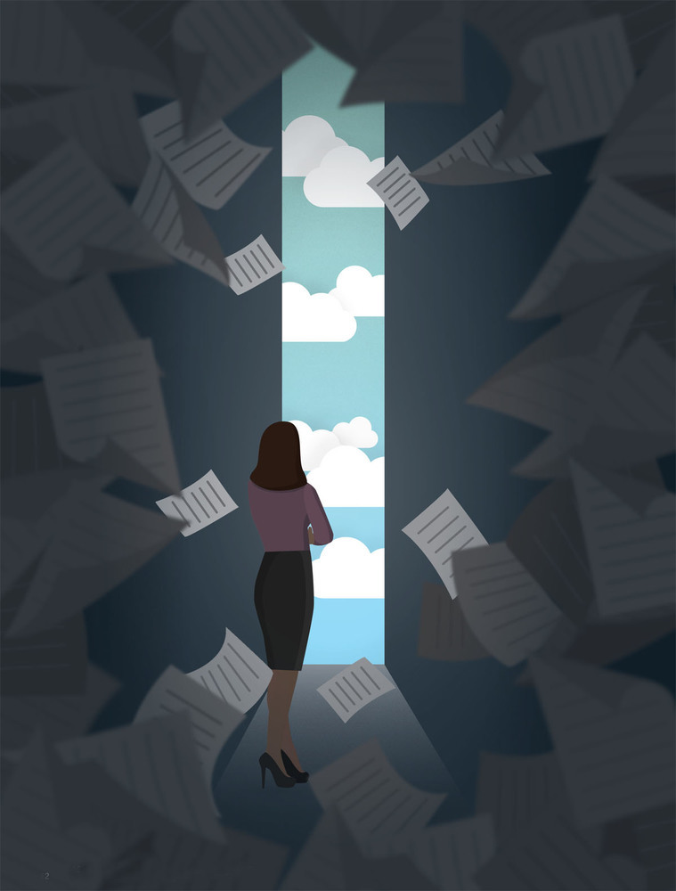 Bright sky in view amongst a whirlwind of papers