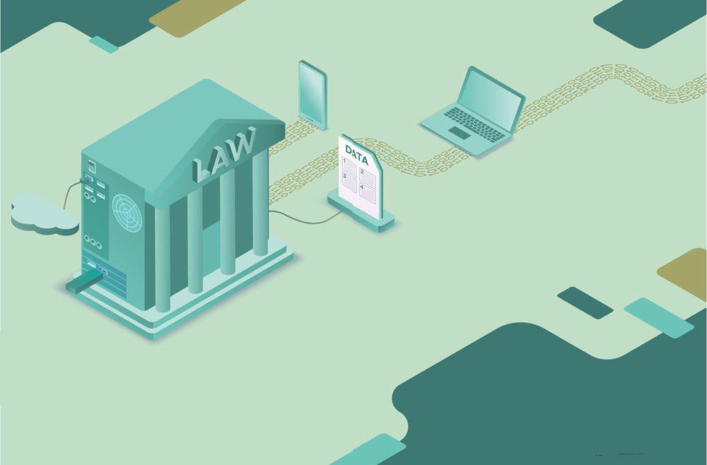 A law building with connections to data flow and technology