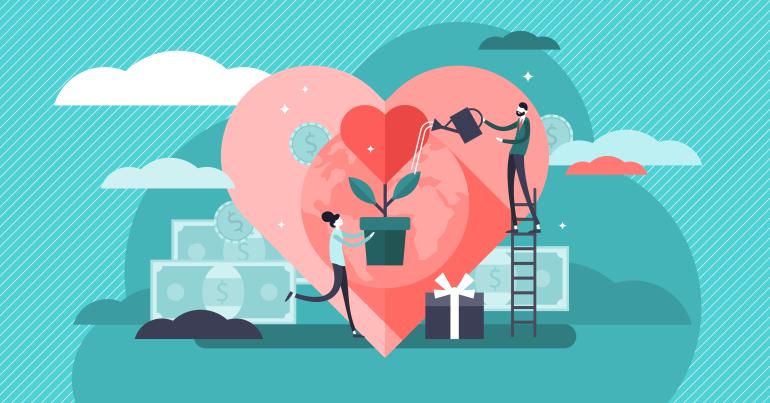 illustration focused on heart with heart inside as plant people are watering and it's surrounded by paper money