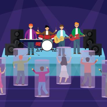 illustration of band playing with figures in clear  boxes watching and dancing as though this is a Metaverse experience