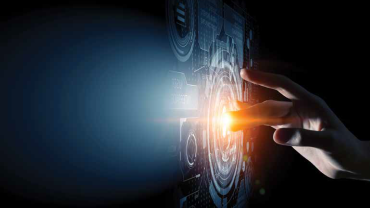 a finger touching a futuristic visual display