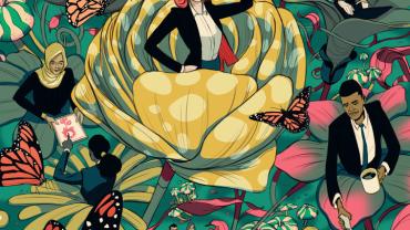 Business people in larger than life flowers