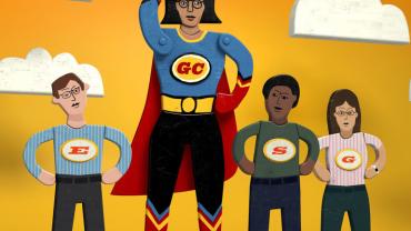 A large super-woman with GC on her chest stands larger that 3 normal people with the letters E, S, and G.