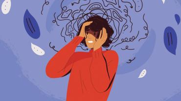 Artwork portraying an anxious woman surrounded by blue and squiggly lines.