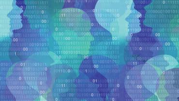 Silhouettes of heads and binary numbers 