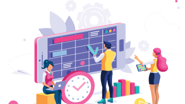 people arranging a schedule on a larger-than-life phone