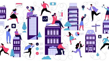 Drawing of business people teleworking all over a colorful city.