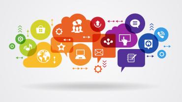 Thought and speech bubbles, rainbow colors, communication icons