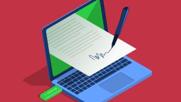 a cartoon image of a laptop with a usb plugged in has a piece of paper coming out of the screen and a pen signing the paper