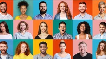 Rows of diverse headshots with bright, colorful backgrounds