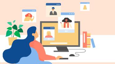 Flat illustration of woman talking to colleagues using a video call with in front of a peach background.