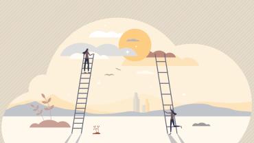 Two women climbing up ladders