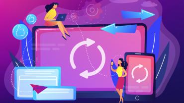 Illustrated computer and phone screens with email icons and women working