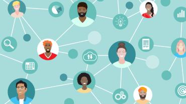 Graphic of diverse people's headshots in bubbles connected in front of a turquoise background.