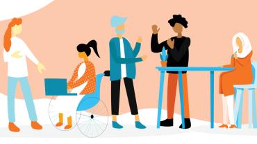 Flat illustration of diverse coworkers chatting in front of an abstract pink background.