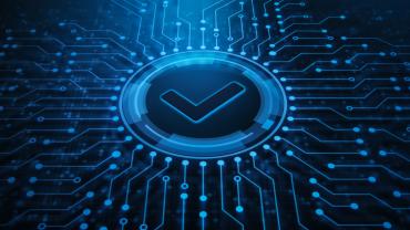 3D graphic design of digital blue check sign on top of a black background.