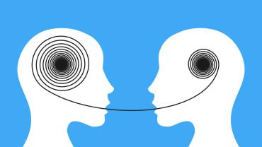 2 silhouetted drawings of people, one with small ball in head with line leading to other as big ball indicating communication understood differently