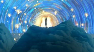 Women standing on mountain of clouds surrounded by swirling lights