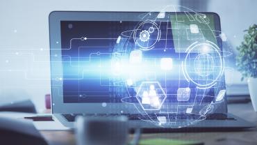 3-D cybersecurity meta image over tablet