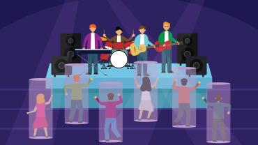 illustration of band playing with figures in clear  boxes watching and dancing as though this is a Metaverse experience