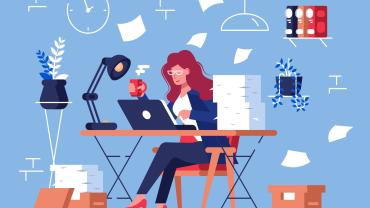 illustration of what appears to be woman, white, at desk, working laptop, papers flying background and piled next to her