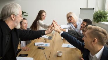 bunch of people gray-haired and not, seeming senior and young, at conference table, flip chart and plant in back, white, dark-photo