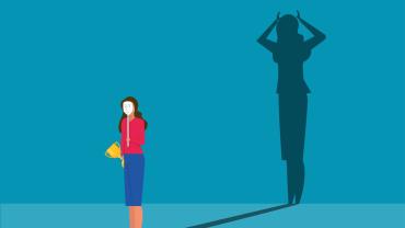 illustration, woman holding trophy, in back of her is a shadow much larger, with hands on head making devil ears