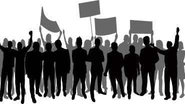 illustation in black and gray of people holding posters like protesting