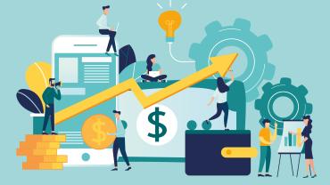 illustration of large calculator, people on and around it, cogs, flipchart, dollar signs, coins