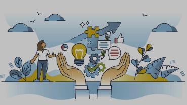 illustration of person on land in clouds being held by two hands, looking up with puzzle piece, arrow pointing up, and thumbs up