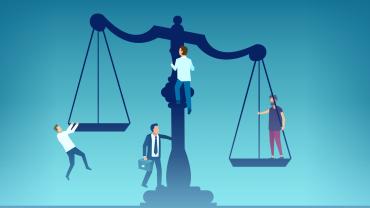 scales of justice illustration, four figures, appears to be men, white, brown, one in one scale, other pulling into the other, higher, one climbed up middle, one appears about to
