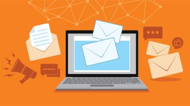 computer with envelopes around it like lots of emails are being sent, also has megaphone in background and symbols denoting communication