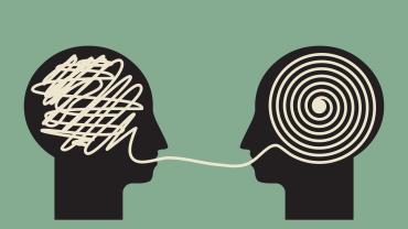 illustration of two heads, one showing scribble in brain, the other showing organization