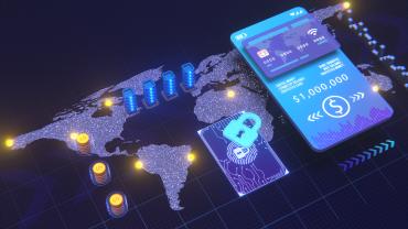 digitized-looking world view, hot map, with cell phone showing credit card and next to it a lock