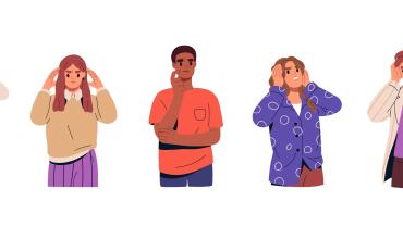 illustration of line of people, different skin color, some with hands on head, some with hands on ears, eyebrows furrowed, as though thinking and removing distractions