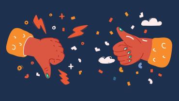 A thumbs up and thumbs down hand facing each other. 