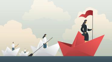 Fleet of people sailing on an ocean, symbolizing leadership. 