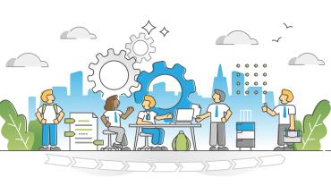 Graphic of a student navigating an internship program and emerging with a career. 