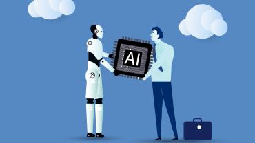 Cyborg and lawyer holding a giant cpu chip together.