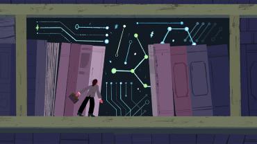 Lawyer standing on a giant bookshelf with a circuit-like backdrop behind the books.