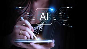 Woman holding tablet with AI icons displayed