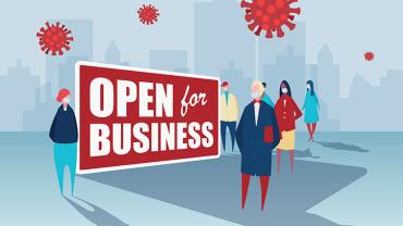 an open for business sign. several people in masks and large virus cells surround the sign