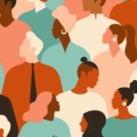 Flat cartoon of diverse group of people wearing turquoise, orange, and white shirts.