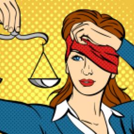 Pop art image of Lady Justice in a blue business suit lifting her red blindfold to peer at the silver scales she's holding in front of a yellow background.