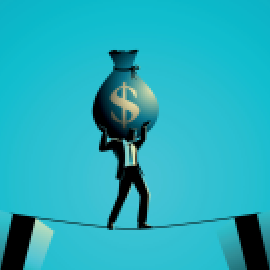 Businessman walking tightrope with money