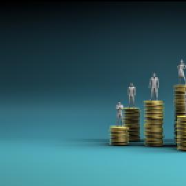 illustration of gold coin stacks of different heights with figures of people atop